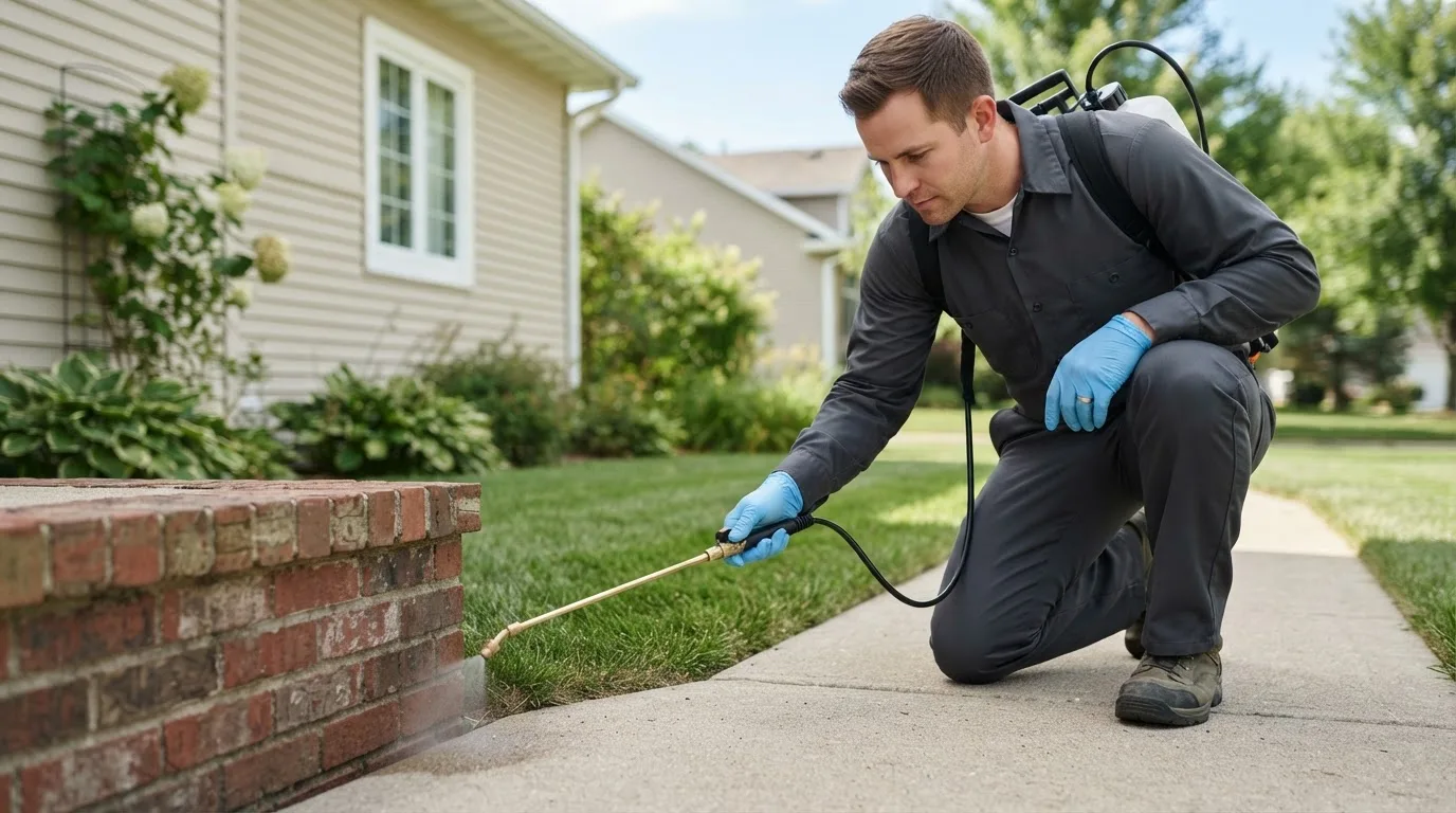 Pest control technician treating a home near Boggstown, IN