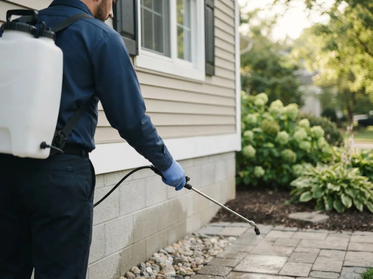 Pest control technician inspecting a home in Boggstown, IN